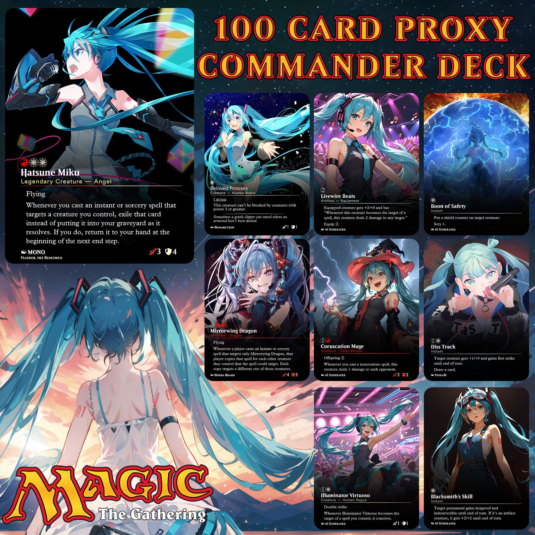 Hatsune Miku Anime MTG Proxy Commander Deck 100 Cards — Custom Magic The Gathering Deck